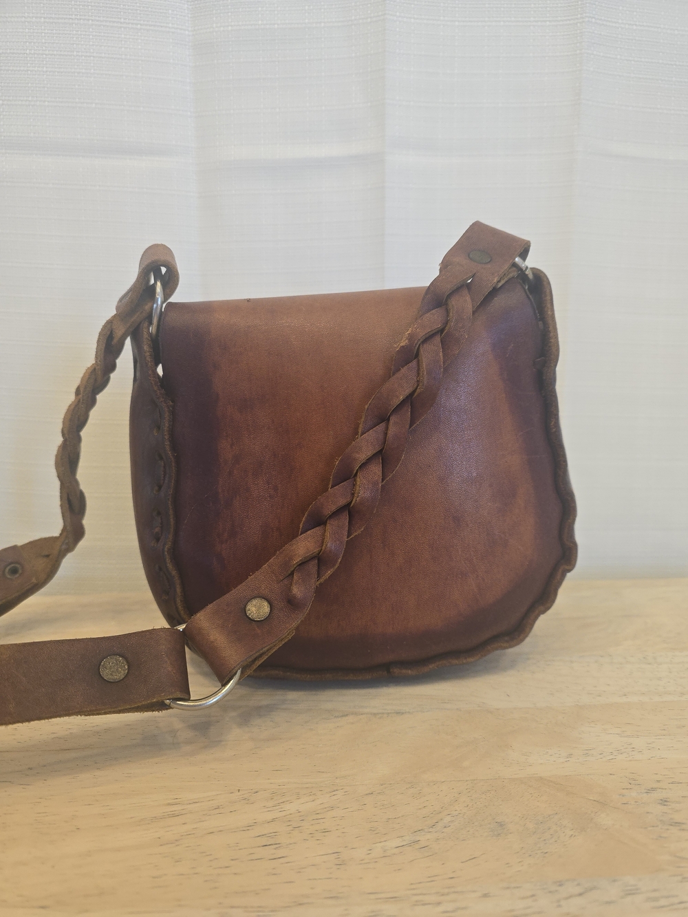 Vintage 70s Brown Leather Braided Crossbody Bag - Women - Picture 2 of 9